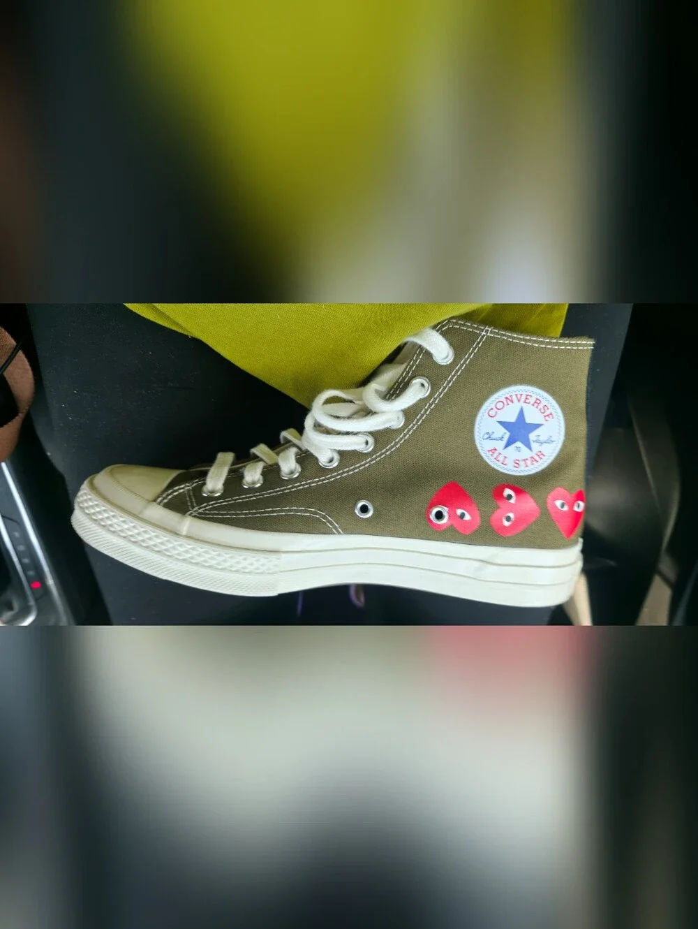 Converse Olive Green High Top Sneakers with Red Heart Accents